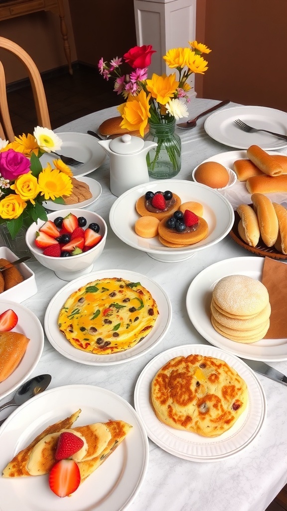 Delicious Brunch Ideas A vibrant brunch table with frittata, pancakes, fruit salad, and pastries.